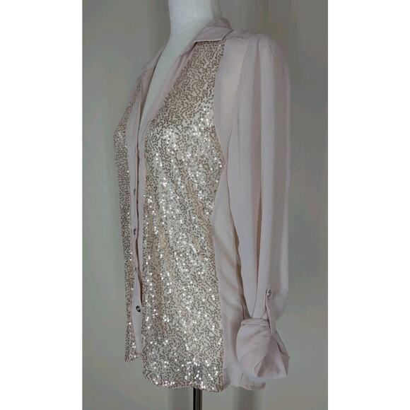 Vanity Blush Pink Sheer Sequin Blouse Women's Medium Long Roll Tab Sleeves New - Picture 3 of 11